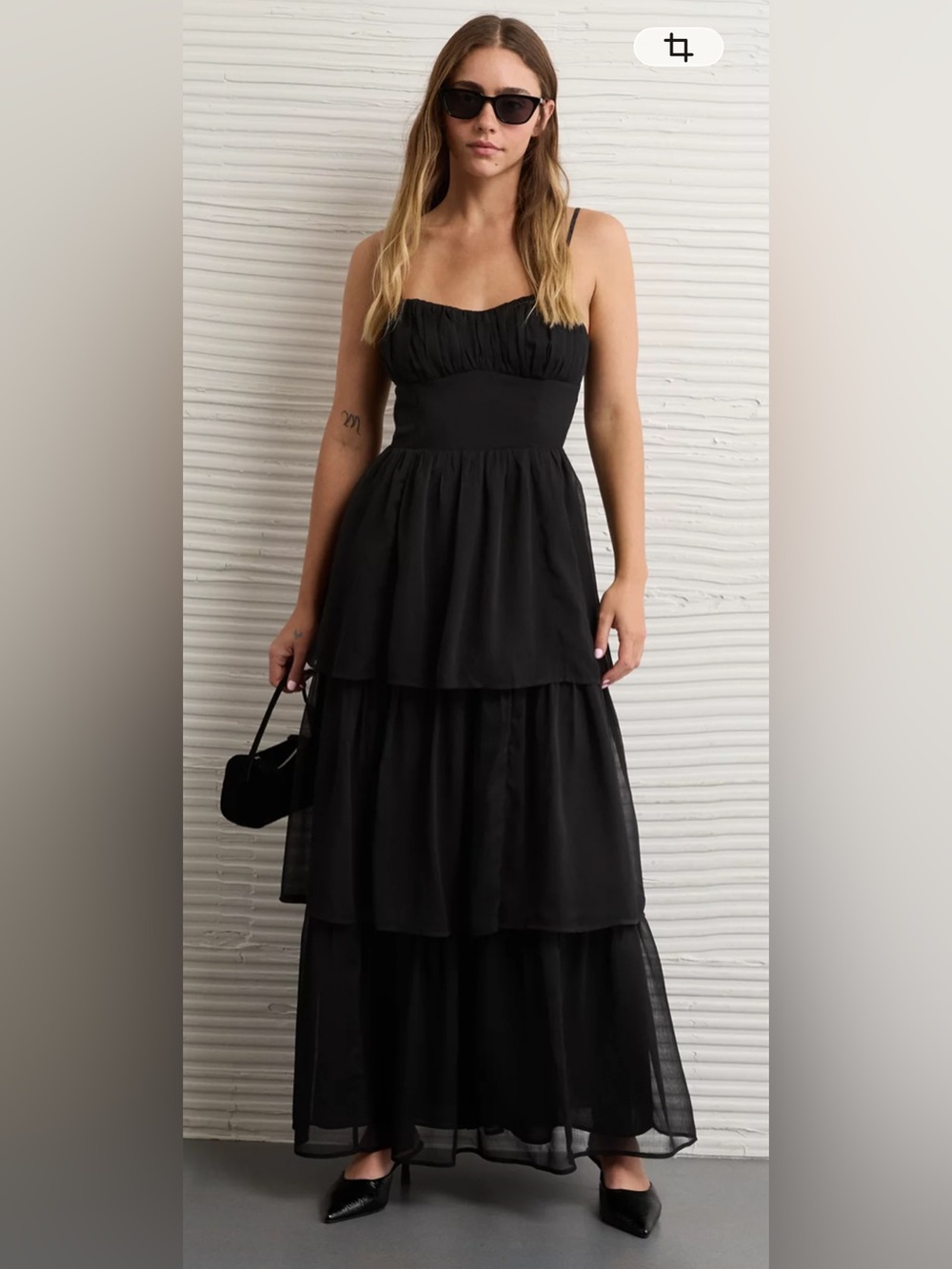 NWT AE Black Sweatheart Tiered Maxi Dress with Spaghetti Straps Size XS